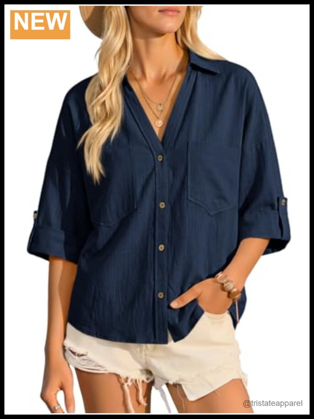 Women's 100% Cotton Button Down Shirt V Neck Short Sleeve Blouse with Pockets
